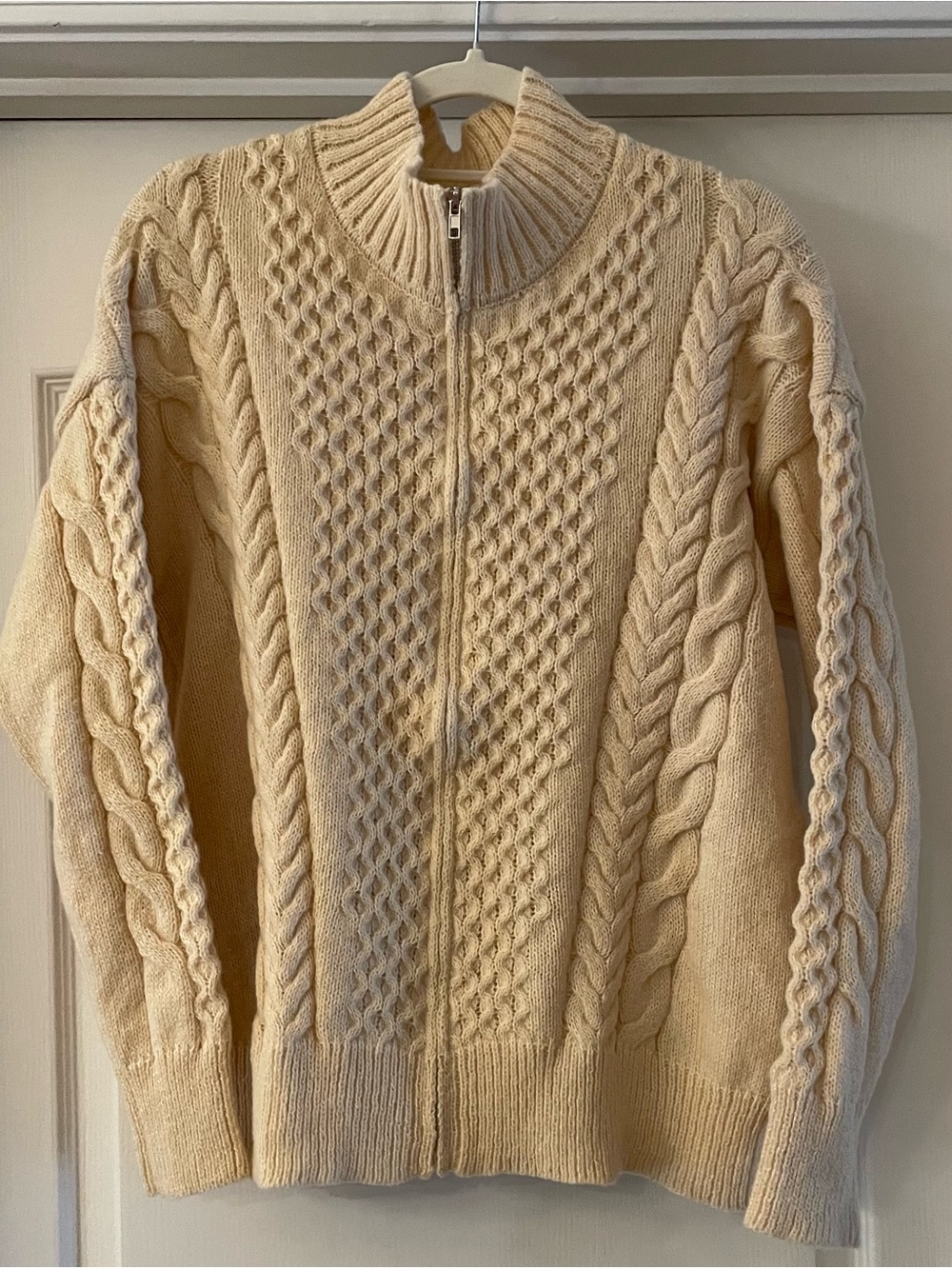 Unisex Arran Styled Cream Cable Knit Zip-Up Sweater Size OXL see measurements